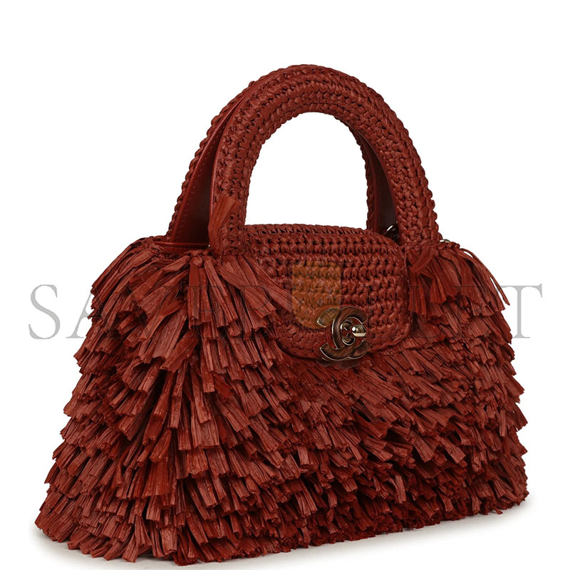 CHANEL MASTER SMALL FRINGE KELLY DARK RED RAFFIA WOOD AND LIGHT GOLD HARDWARE (20*13*6cm) 